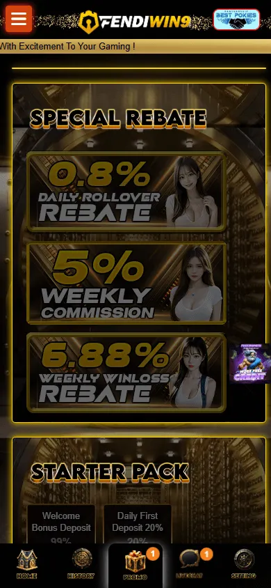 Fendiwin9 Casino mobile promotions area with bottom navigation for Home, History, Promo, Live Chat and Settings
