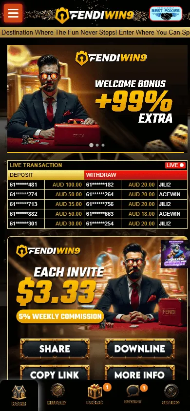 Fendiwin9 Casino mobile lobby with touch-friendly tiles and fixed bottom navigation