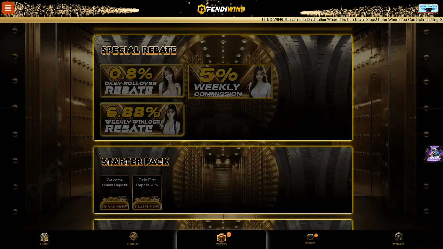 Fendiwin9 Casino desktop promotions area with reward activity, VIP offers and community promotions