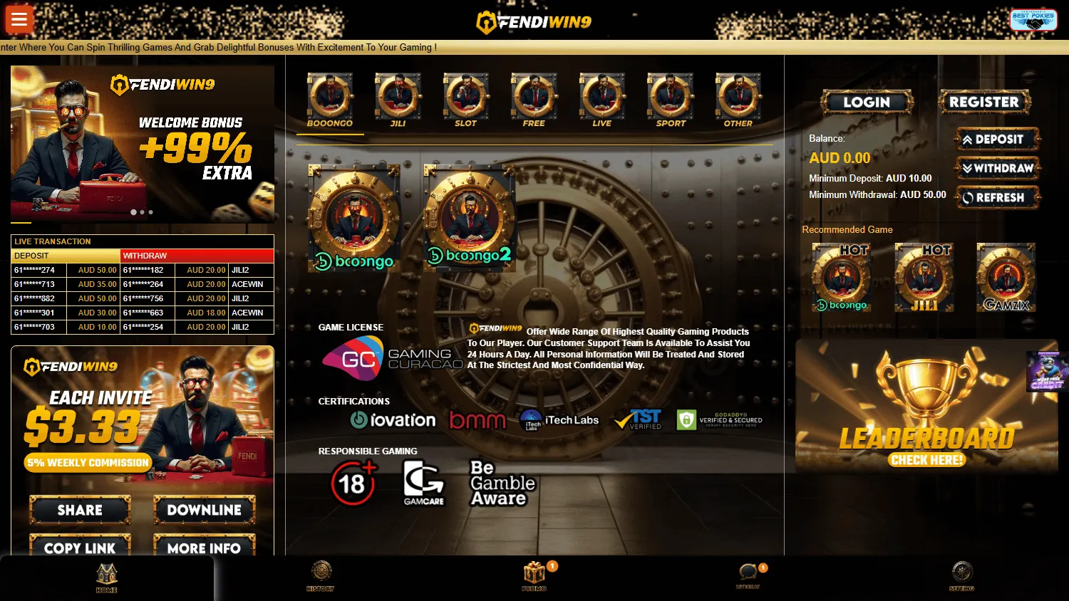 Fendiwin9 Casino desktop lobby with AUD account activity, game browsing and live jackpot features